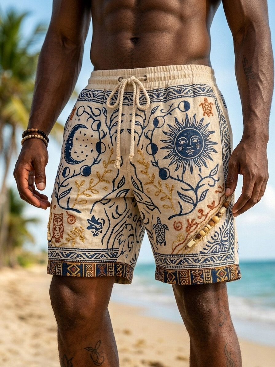 Men's Mysterious Sun And Moon Tribal Art Print Casual Shorts