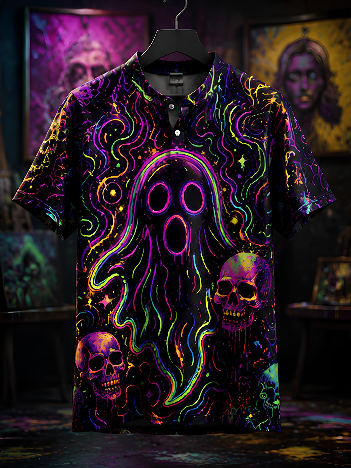 Men's Neon Ghost & Skull Psychedelic Blacklight Art Print Half Button T-Shirt