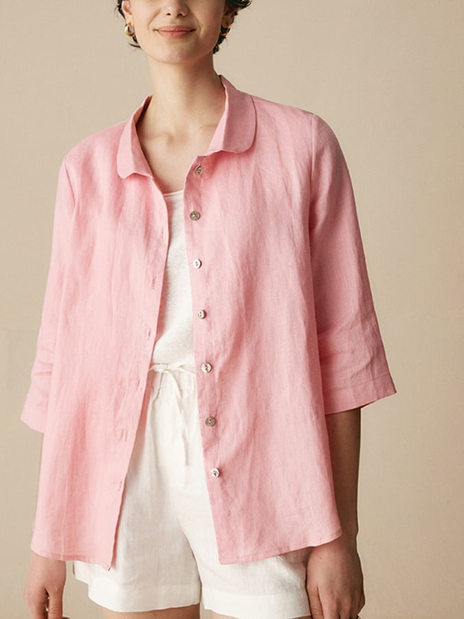 Women'S Linen Casual Peter Pan Collar 3/4 Sleeve Shirt