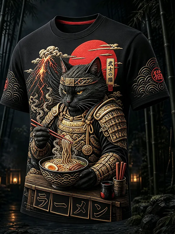 Men's Black Cat Samurai Eats Ramen Print T-Shirt