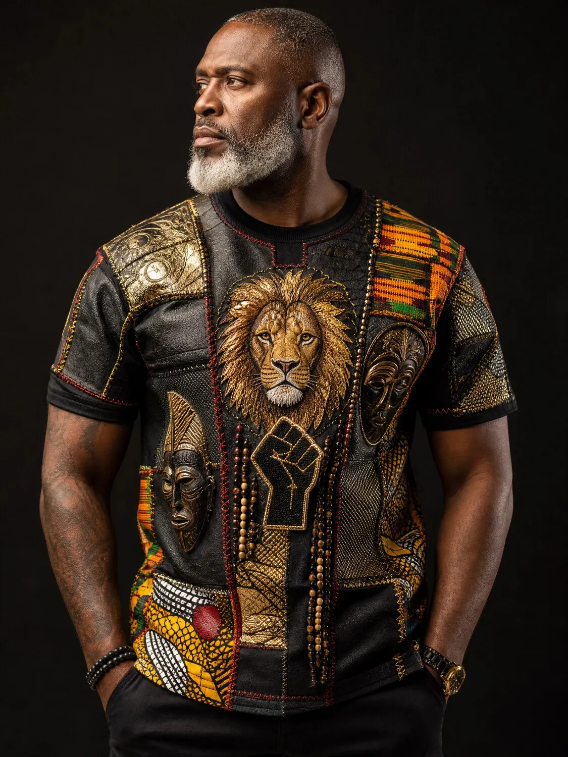 Men's African Lion And Mask Print T-Shirt