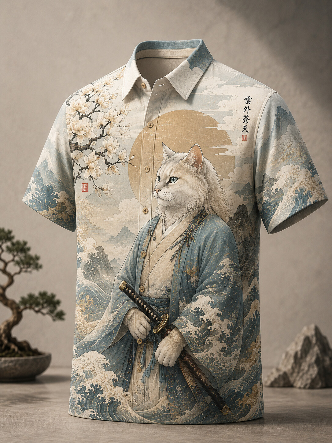 Men's Samurai Cat Magnolia Wave Ukiyo-e Japanese Print Polo Shirt