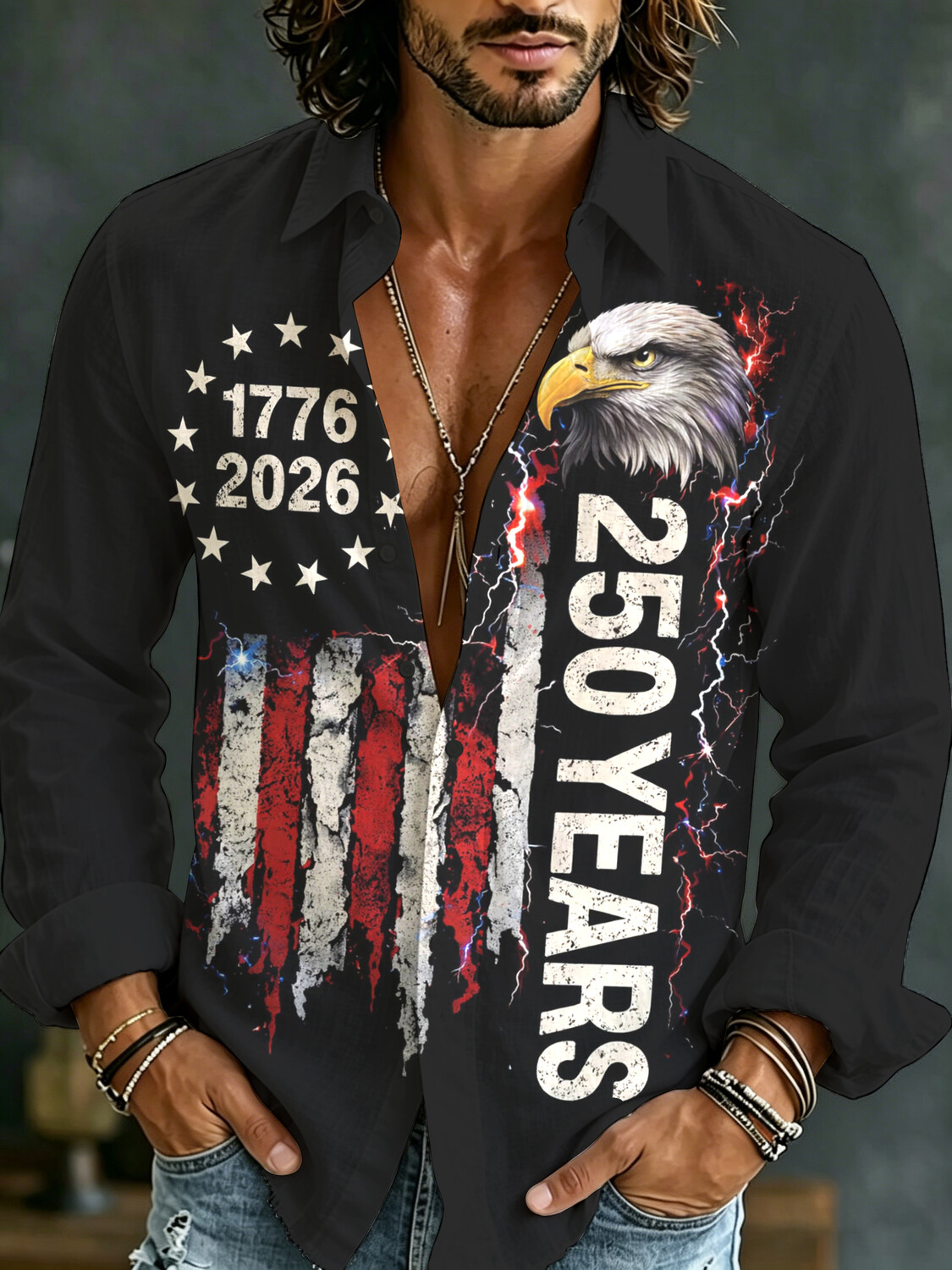 Men's 1776-2026 250 Years American Eagle Art Print Long Sleeve Shirt