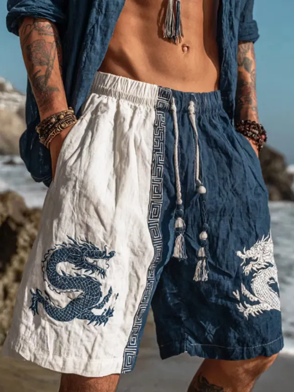 Men's Dragon Color-Block Japanese Art Print Casual Shorts