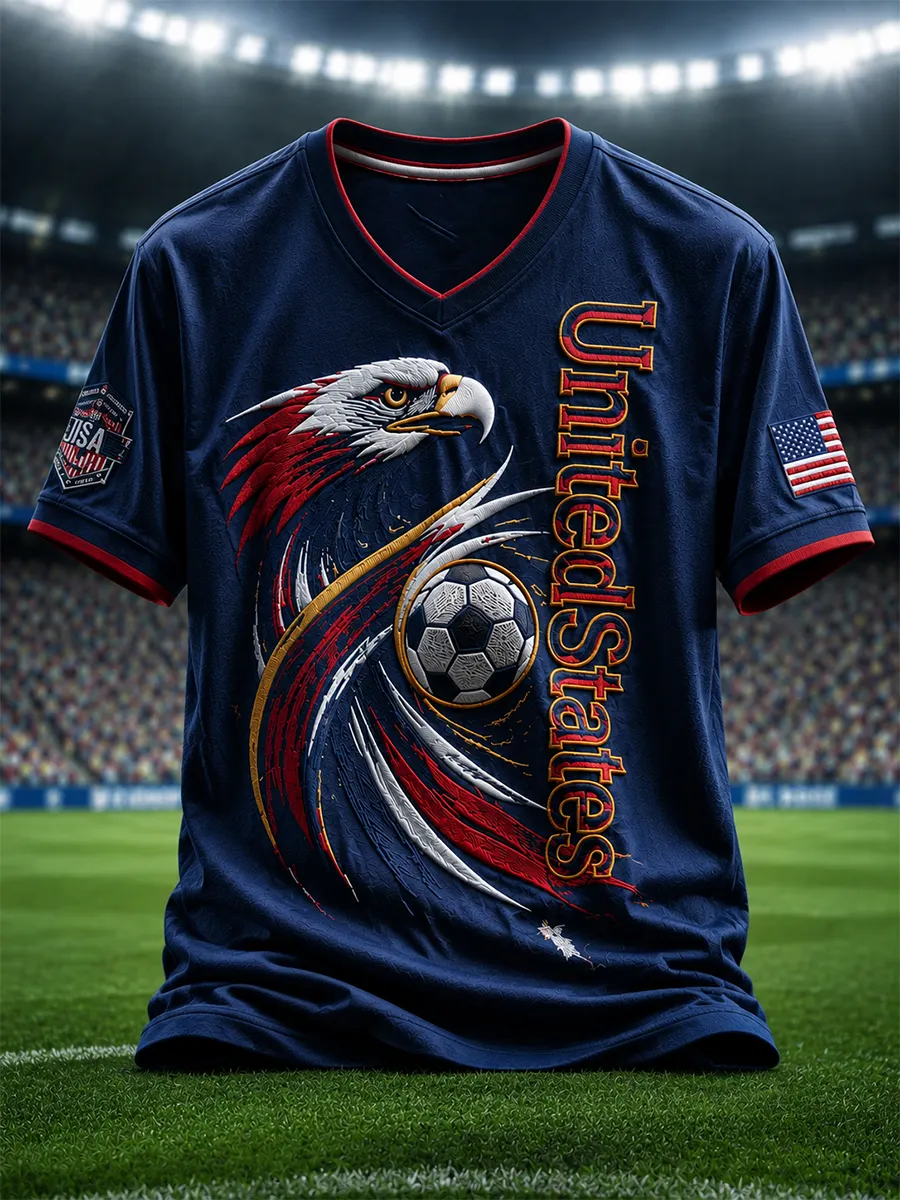 Men's United States Bald Eagle Soccer Art Printed Casual V Neck T-Shirt