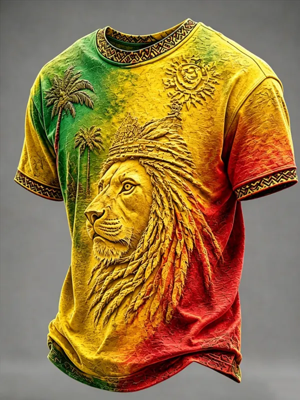 Men's Vintage Embossed Rasta Lion Palm Tree Tie Dye Art Print T-Shirt