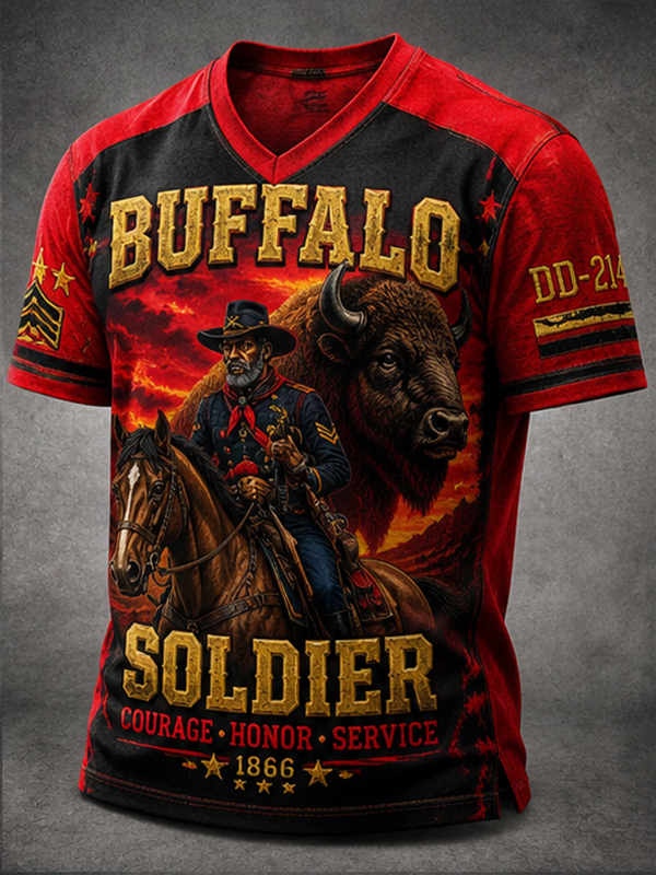 Men's Buffalo Soldier & Bison Art Print T-Shirt