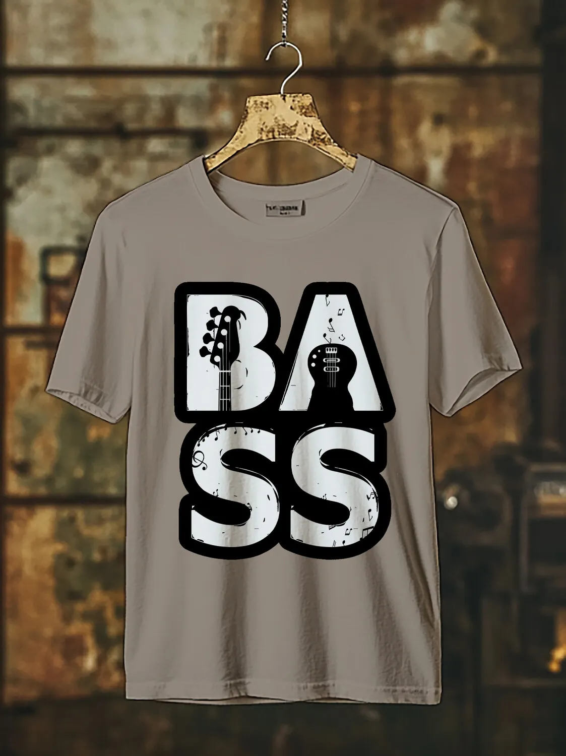 Men's Bass Guitar Music Note Print Cotton Casual T-Shirt