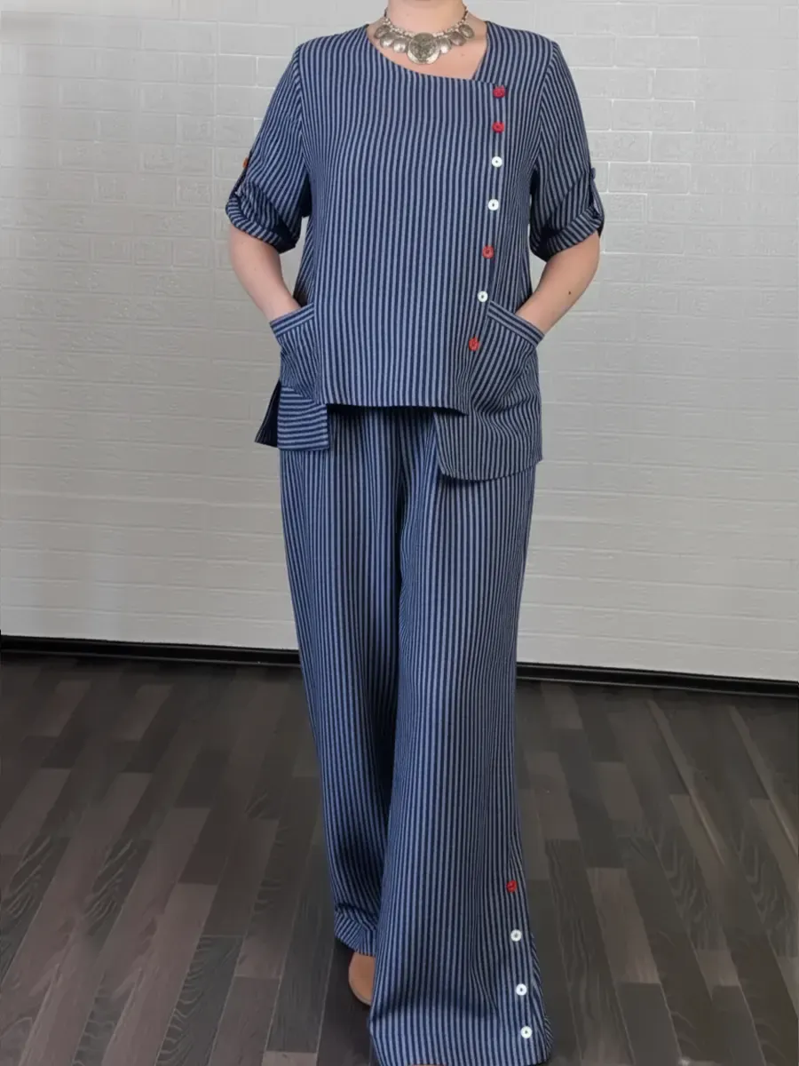 Women's Cozy Striped Linen And Cotton Top And Pants Two-piece Set.