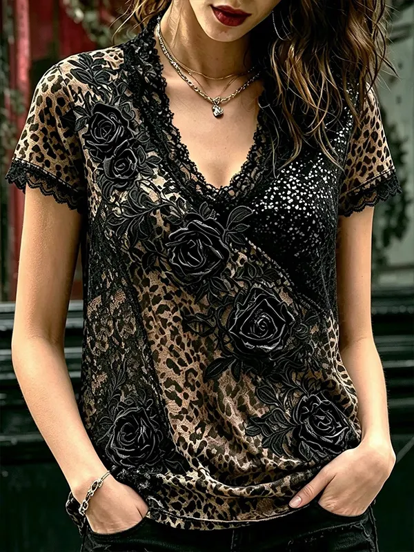 Women's Boho Roses Leopard Pattern Casual V Neck T-Shirt