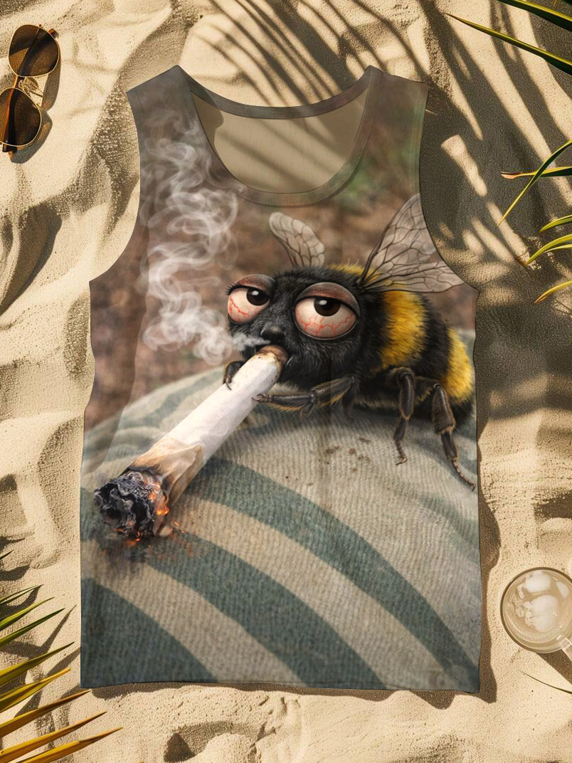 Men's Funny Bee Smoking Cigarette Print Tank Top
