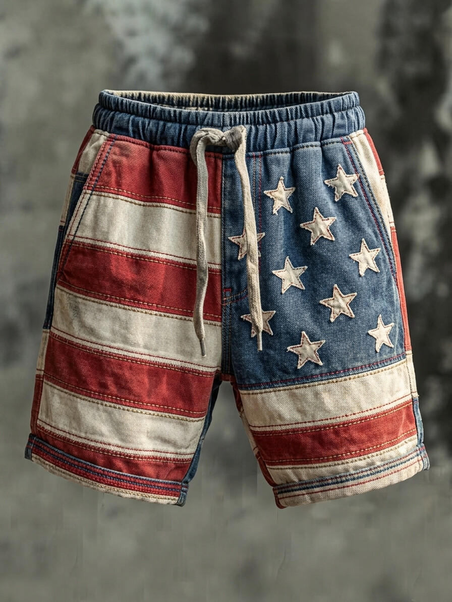 Men's USA Flag Vintage Star-Stripe Art Print Casual Shorts