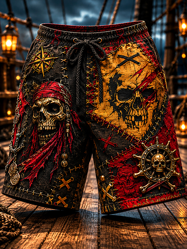 Men's Skull Pirate Dark Patchwork Art Print Casual Shorts