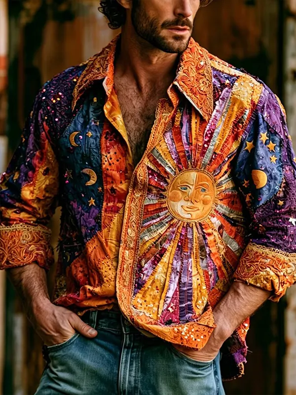 Men's Retro Sun Moon Star Patchwork Sequin Print Long Sleeve Shirt