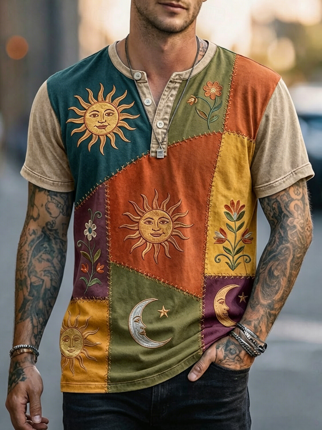 Men's Boho Vintage Sun Moon Flower Print Short Sleeve Henley T-Shirt
