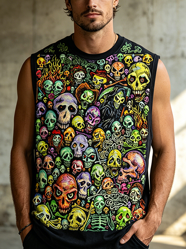 Men's Colorful Skull Art Print Tank Top