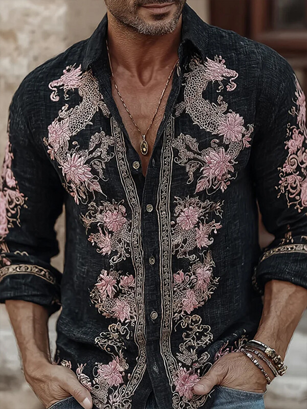 Men's Pink Floral Dragon Print Long Sleeve Shirt
