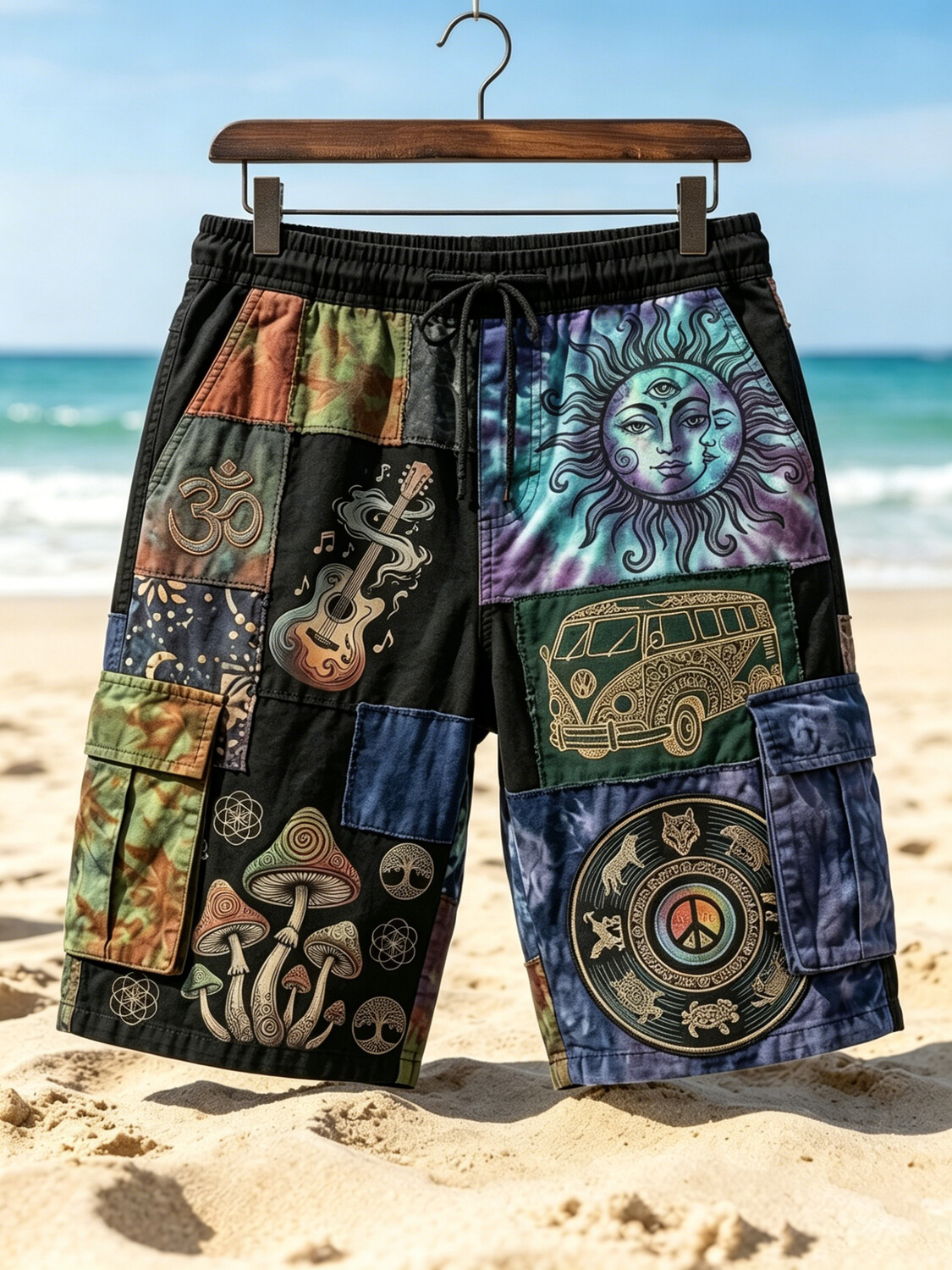 Men's Hippie Psychedelic Mushroom Bus Guitar Print Cargo Shorts