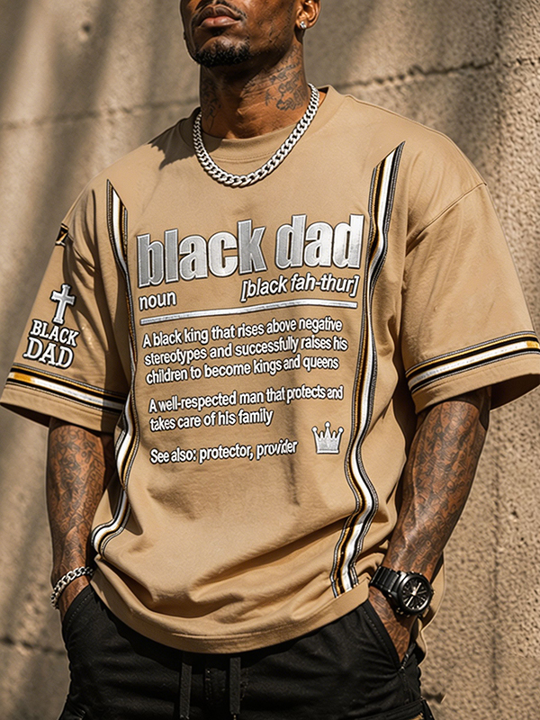 Men's Black Dad Annotation Cross Graphic Print Cotton Casual T-Shirt