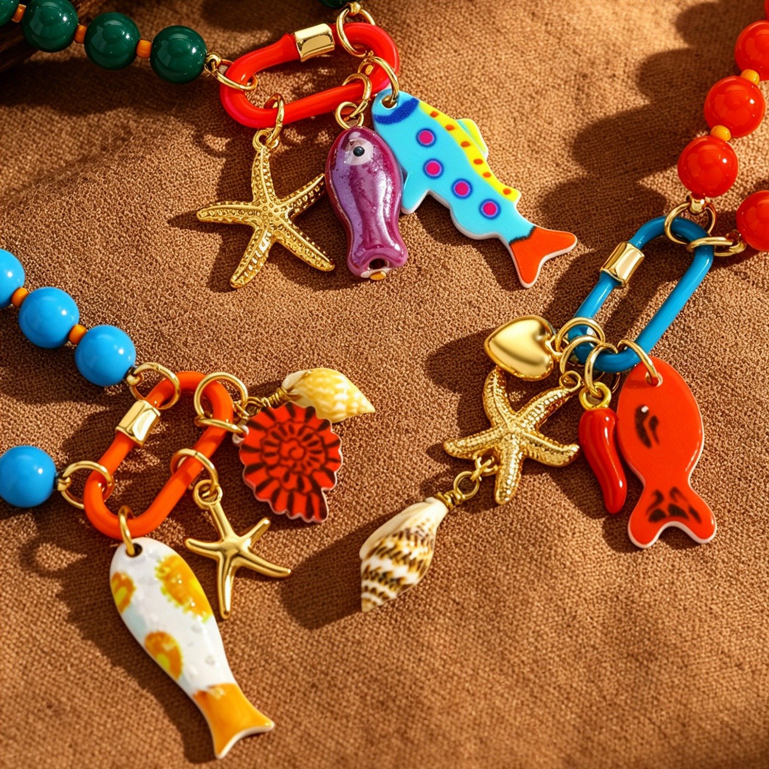 🌈✨3pc Summer Layered Beaded Dopamine Necklace Set 🦀Colorful Fish and Starfish Charms🐠