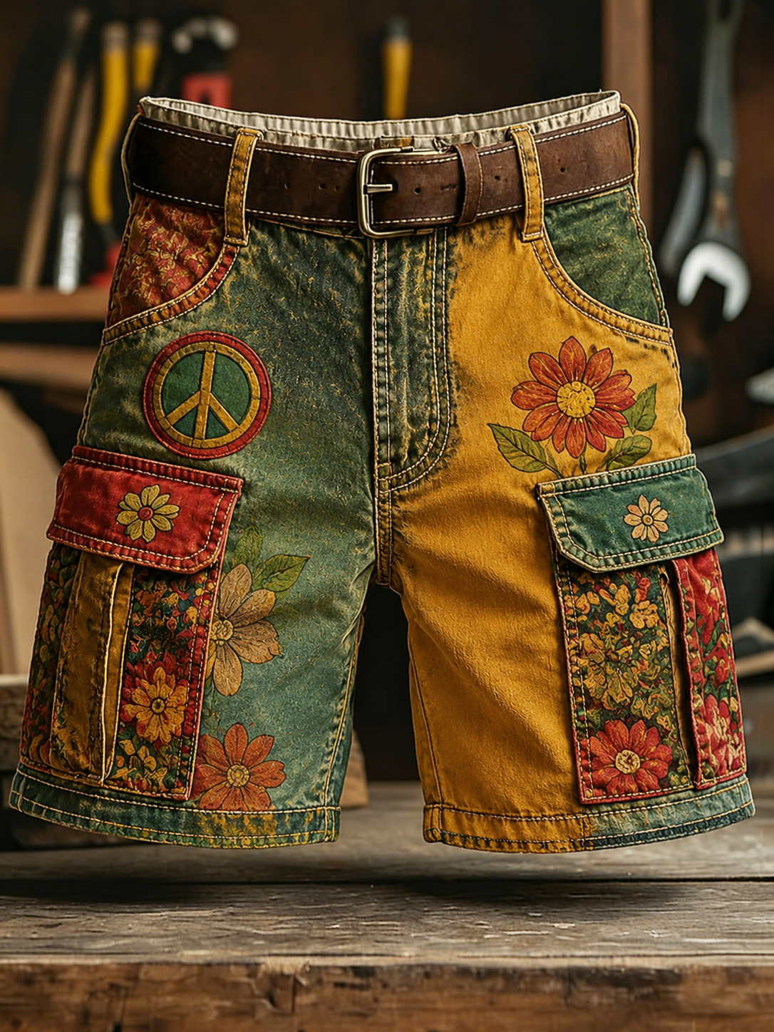 Men's Floral Peace Badge Color‑Block Reggae Art Print Casual Shorts