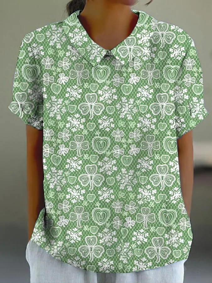 Women's Saint Patrick's Day clover lace print shirt