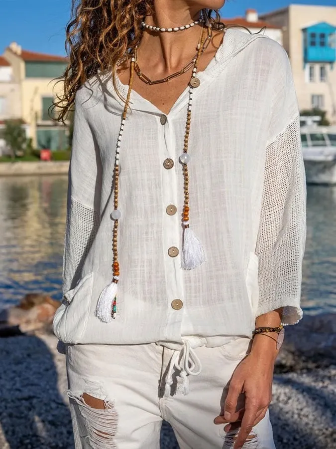 Women's cotton and linen casual hooded shirt