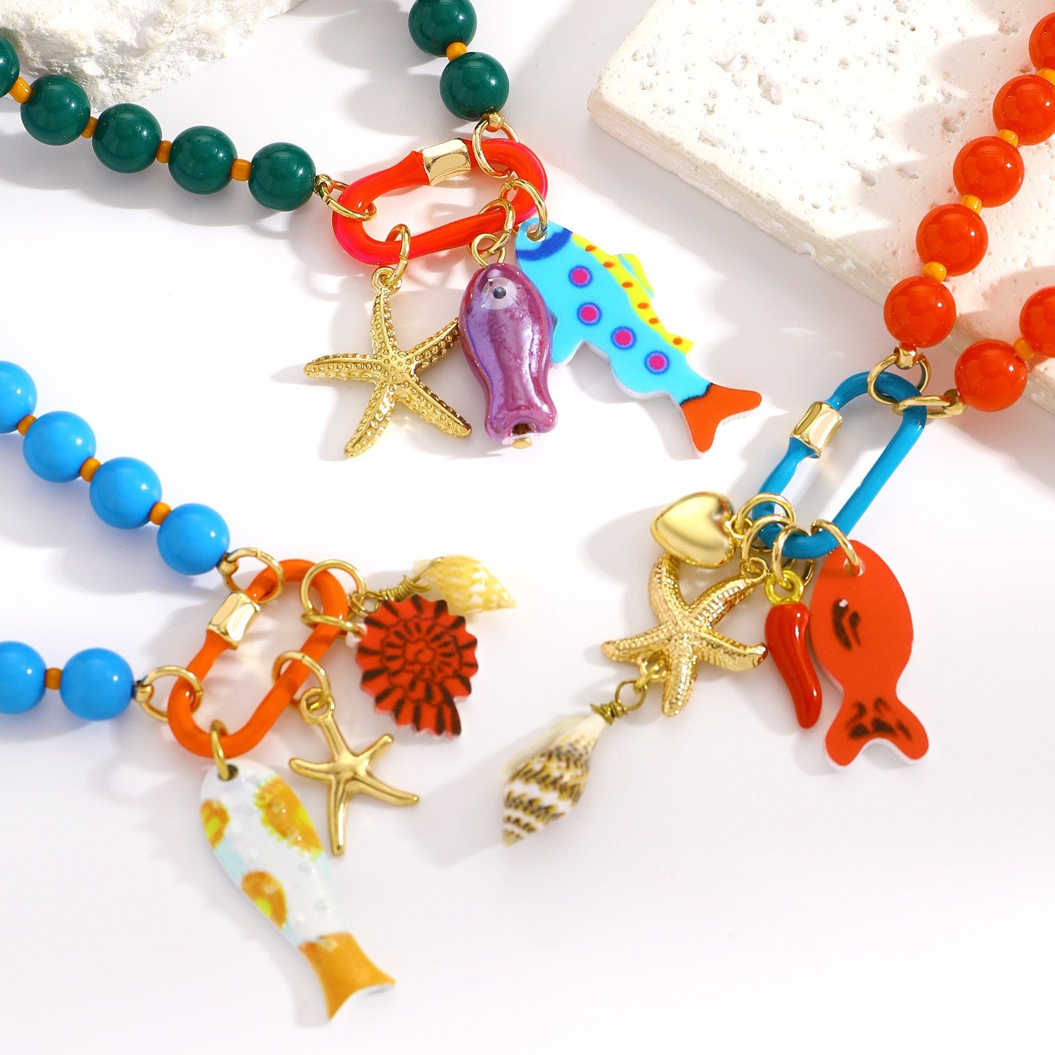 🌈✨3pc Summer Layered Beaded Dopamine Necklace Set 🦀Colorful Fish and Starfish Charms🐠