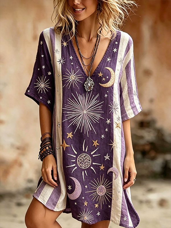 Women's Boho Sun Moon And Stars Print Short Sleeve V Neck Mini Dress