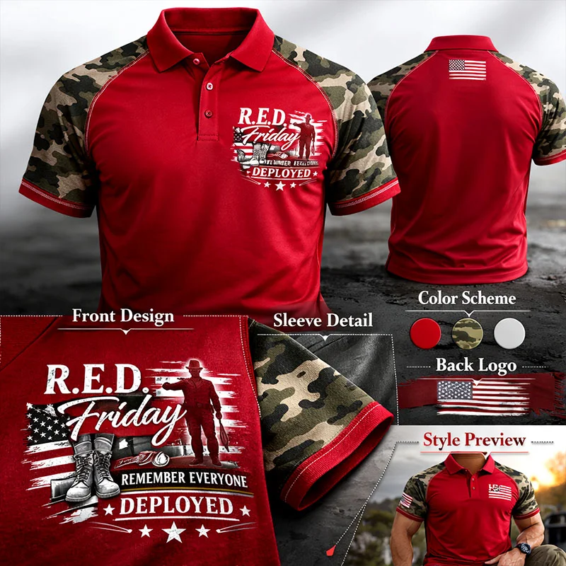 R.E.D. Friday Remember Everyone Deployed Men's Camo Polo Shirt | Patriotic Military Support Tee
