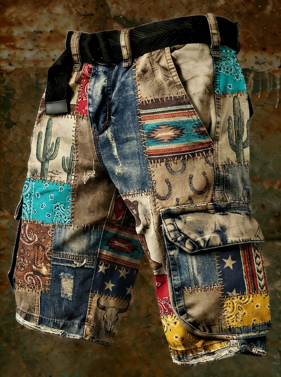 Men's Western Cactus Horseshoe Skull Patchwork Distressed Art Print Denim-Like Casual Shorts