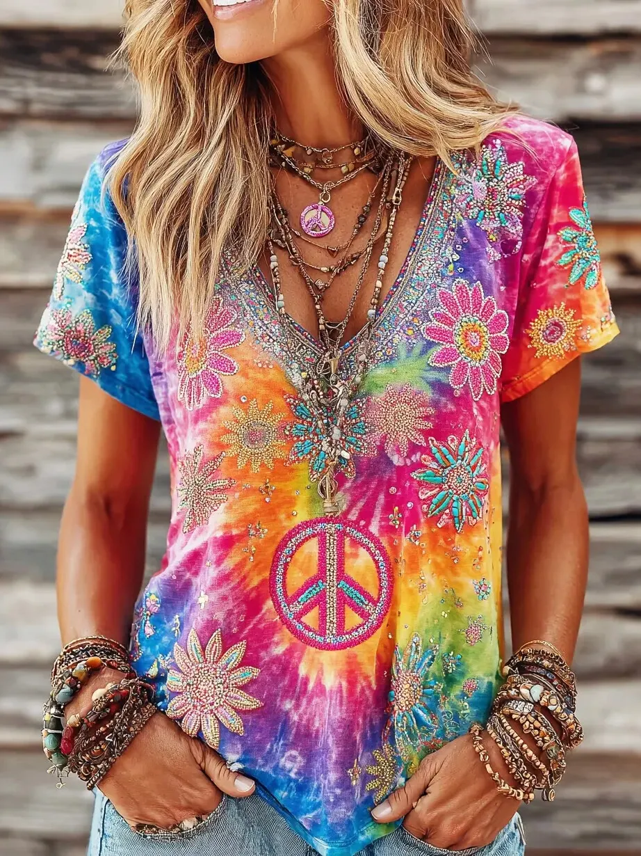 Women's Boho Rainbow Tie Dye Peace Sign Daisy Rhinestone Beaded Print Casual T-Shirt