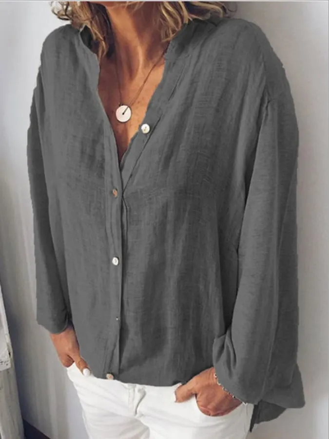 Women's V-Neck Long Sleeve Loose Button Design Casual Shirt
