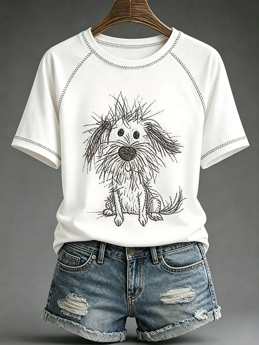 Women's Cartoon Scribble Dog Print Casual T-Shirt