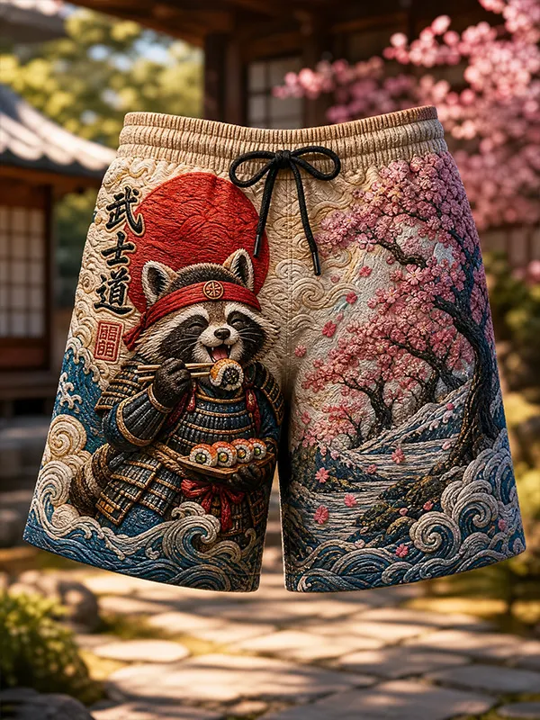 Men's Ukiyo-e Samurai Raccoon Sushi Cherry Blossom Wave Art Print Casual Shorts