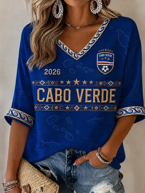 Women's Cabo Verde Map Shark Pattern Print Casual V Neck T-Shirt