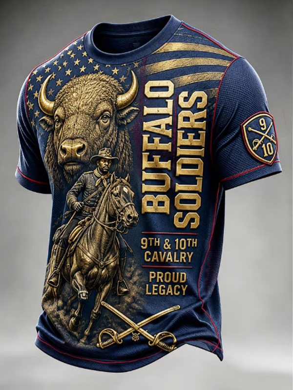 Men's Buffalo Soldiers 9th & 10th Cavalry Bison Horse Vintage Print T-Shirt