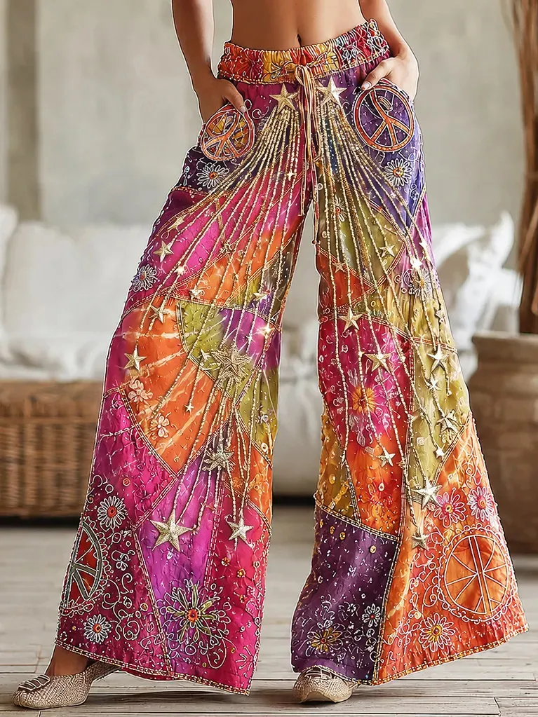 Women's Color Block Beaded Star Peace Symbol Print Casual Pants