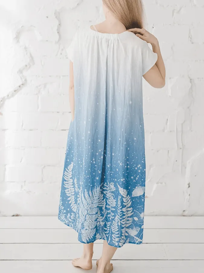 Women's Ombre Grass Print Linen Short Sleeve Dress