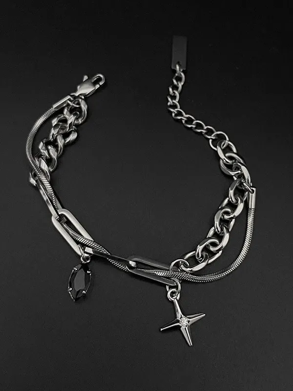 Four-Pointed Star Pendant Black Rhinestone Double-Layer Bracelet
