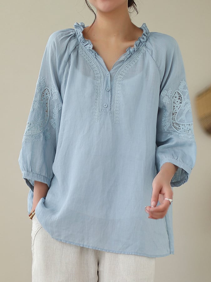 Women'S V-Neck Literary Retro Loose Embroidered Lace Hollow Shirt