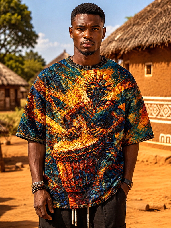 Men's African Tribal Drummer Vintage Oil Painting Art Print Drop Shoulder Casual T-Shirt