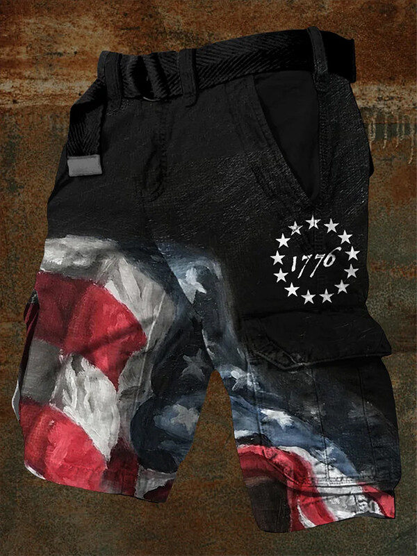 Men's American Flag Stars 1776 Print Denim-Like Cargo Shorts