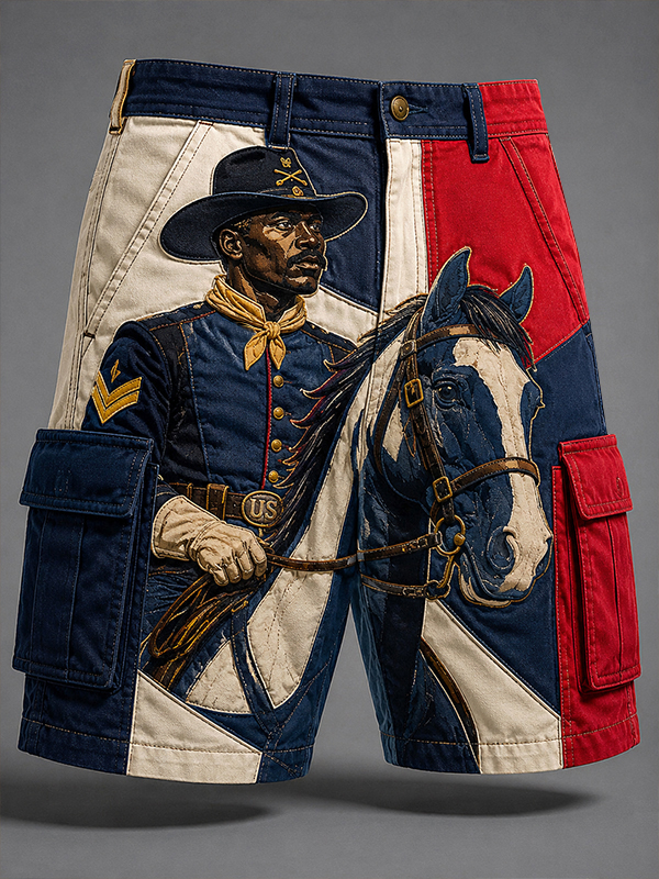 Men's Buffalo Soldier Patchwork Print Denim-Like Cargo Shorts