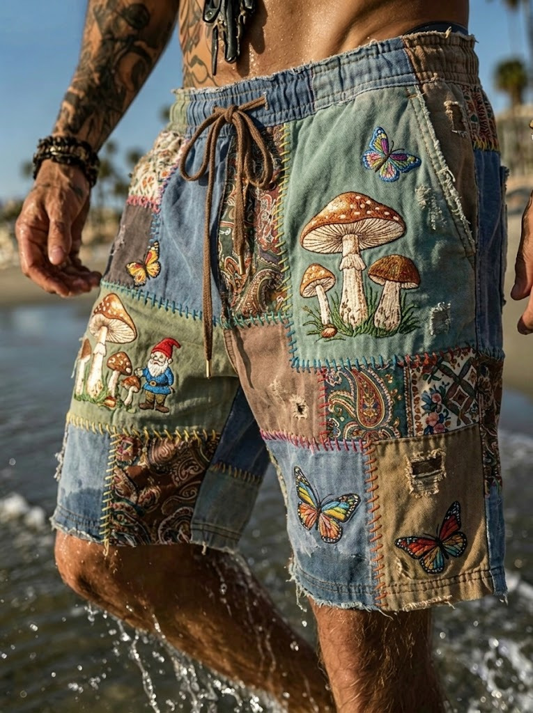 Men's Retro Goblin Mushroom Butterfly Art Collage Print Casual Shorts