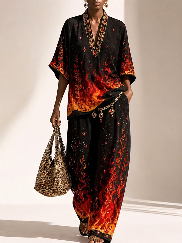 Women's Retro Boho Flame Gradient Print Deep V Neck Half Sleeve T-Shirt Wide Leg Pants Matching Set