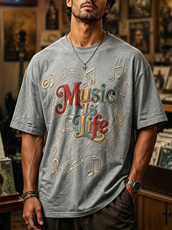 Men's Note Music Is Life Print Cotton Casual T-Shirt