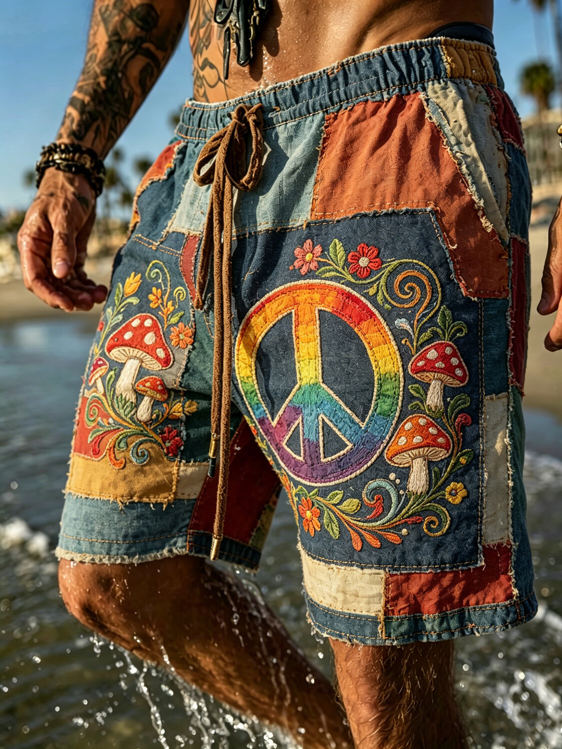 Men's Floral Mushroom Geometric Patchwork Hippie Art Print Casual Shorts