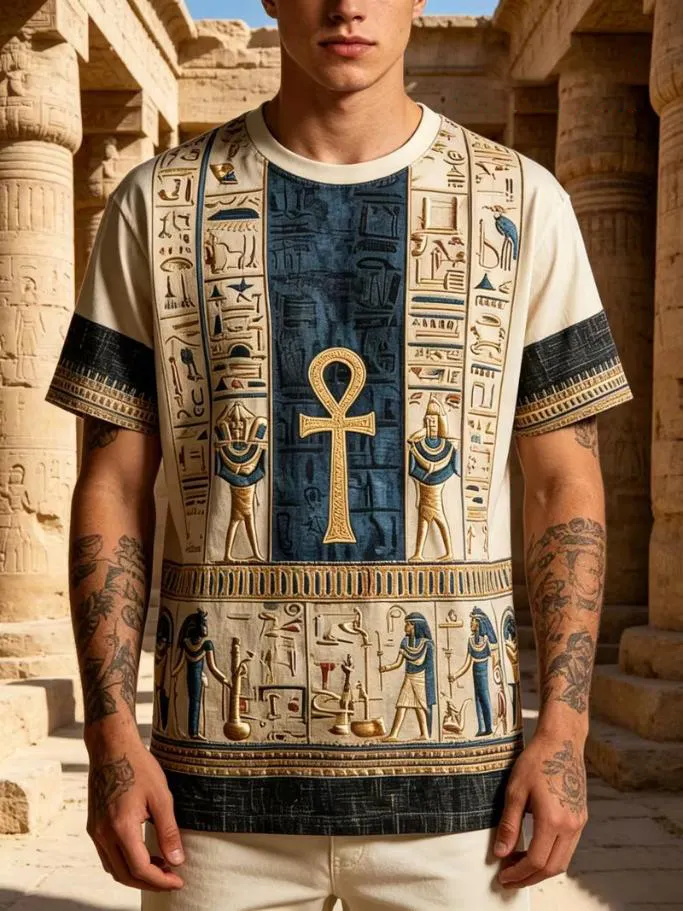 Men's Egyptian Ankh Cross Hieroglyph Pharaoh Print T-Shirt