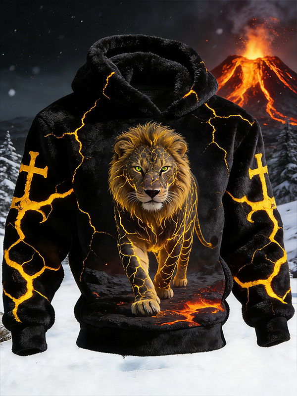 Men's Dark Lion Shattered Cross Art Print Flannel Hoodie